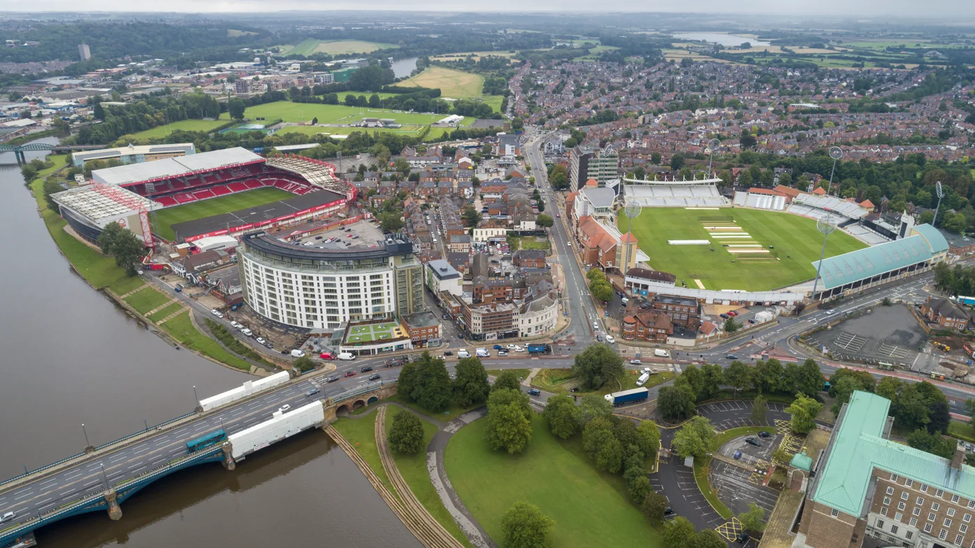 The City Ground, left, beside Trent Bridge, with Trent Bridge cricket ground on the right