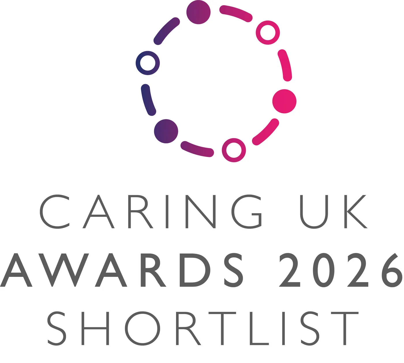 The Caring UK Awards 2026 shortlist logo: a ring of purple and pink dots and dashes above the words Caring UK Awards 2026 Shortlist