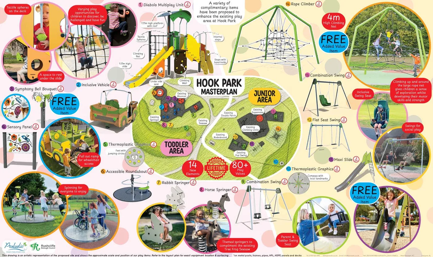 Proludic's illustrated masterplan for the Hook Park play area, showing a toddler area and a junior area with numbered items including a multiplay unit, rope climber with a 4m climbing net, combination swings, maxi slide, accessible roundabout, inclusive vehicle, springers, sensory panel and symphony bell bouquet, labelled 14 new elements.
