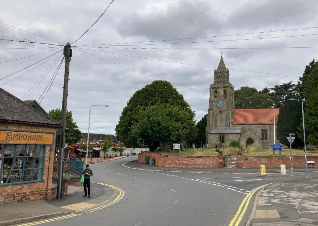 Keyworth village centre, with the tower of St Mary Magdalene church